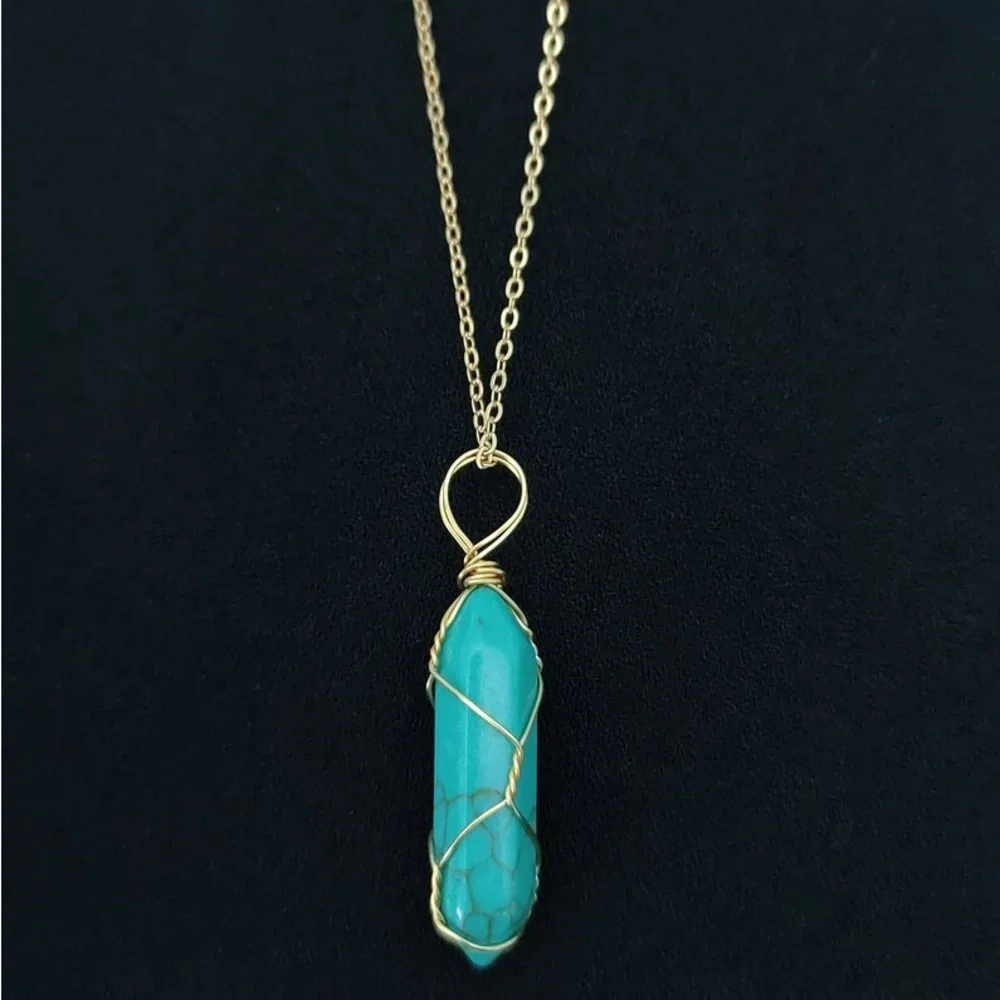 New Handmade Blue Howlite 10k Gold Wire Wrapped S925 Silver Amulett Necklace